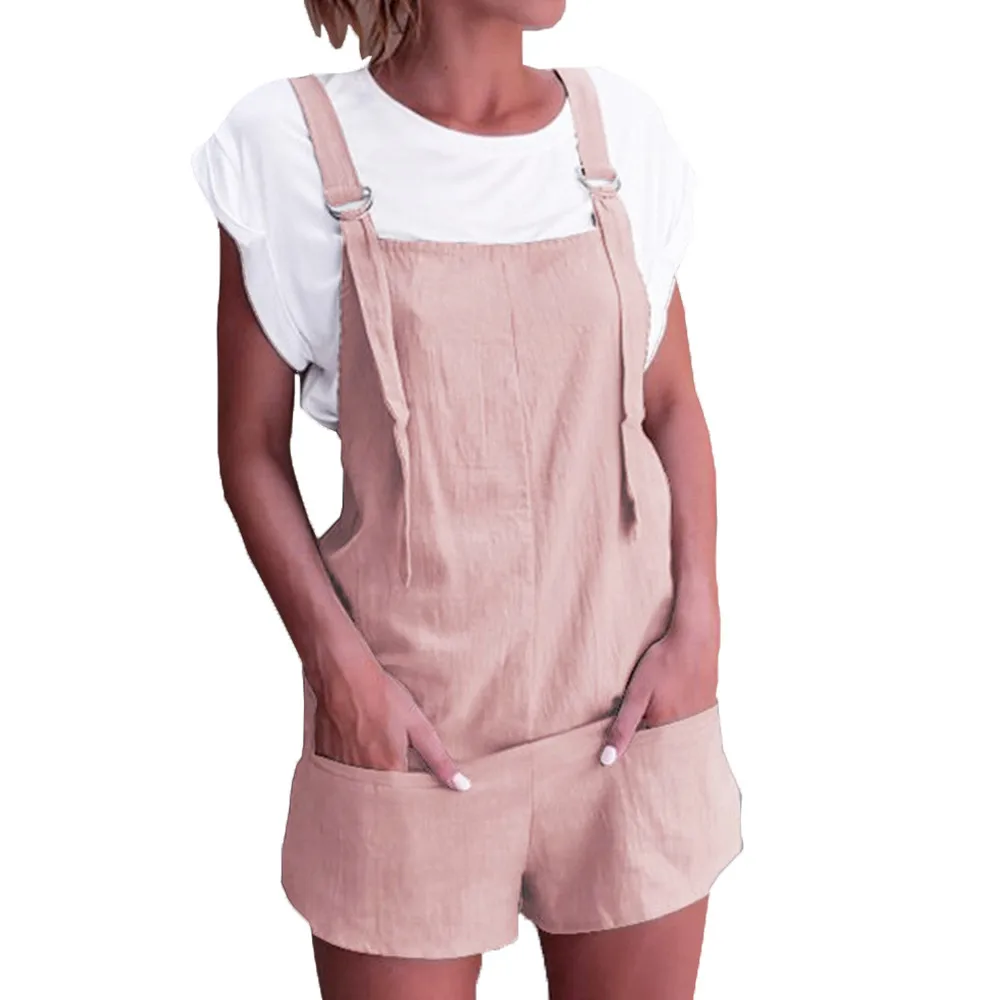 

2019 MAXIORILL NEW Women Elastic Waist Dungarees Linen Cotton Pockets Rompers Playsuit Shorts Pants самске брюки Wholesale T3