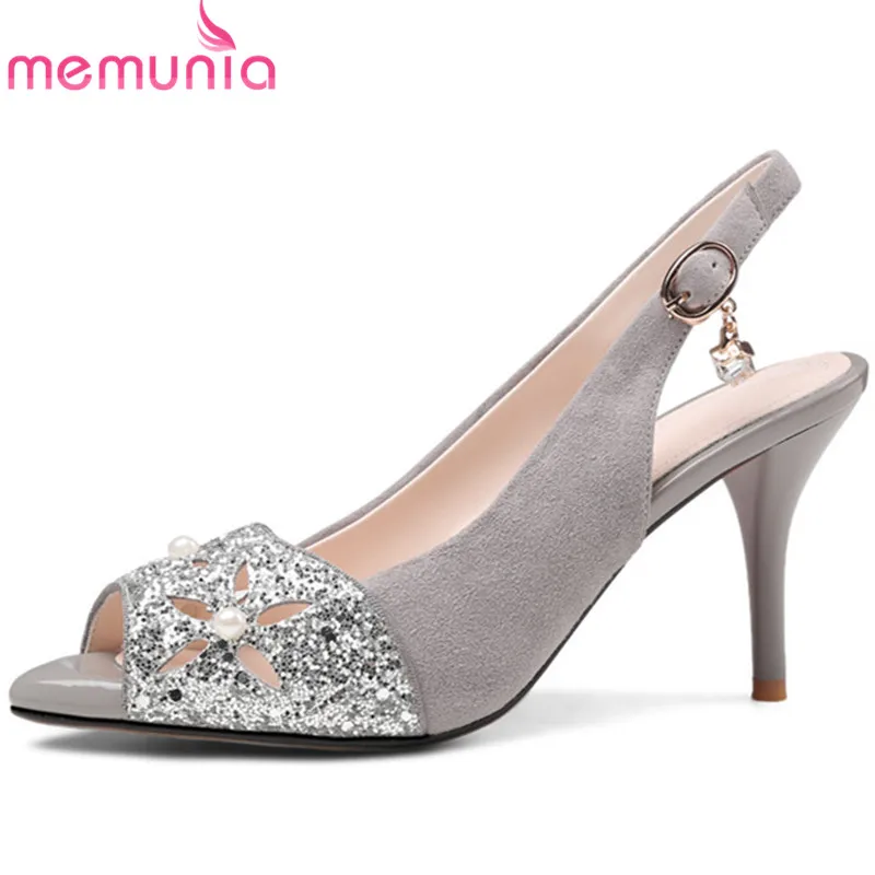 

MEMUNIA 2019 new arrival suede leather shoes women sandals hollow out peep toe party wedding shoes woman thin high heels shoes