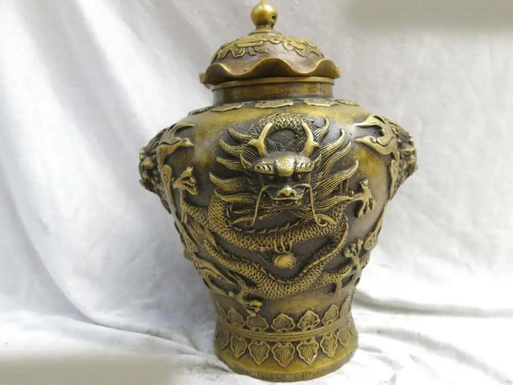 

Fine brass vase China copper carved eight treasure dragon hat-covered jar Statue (D0426)
