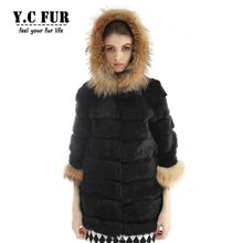 2016 Fashion Women Fur Jackets Winter Natural Rabbit Fur Coat With Raccoon Dog Fur Trims Hood Winter Fur Coats Female YC1105