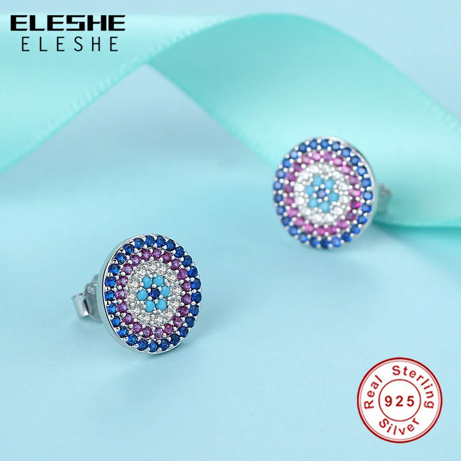 ELESHE романтические настоящие 925 пробы серебряные серьги круглые Кристальные синие циркониевые серьги-гвоздики для женщин Свадебное Украшение бижутерия