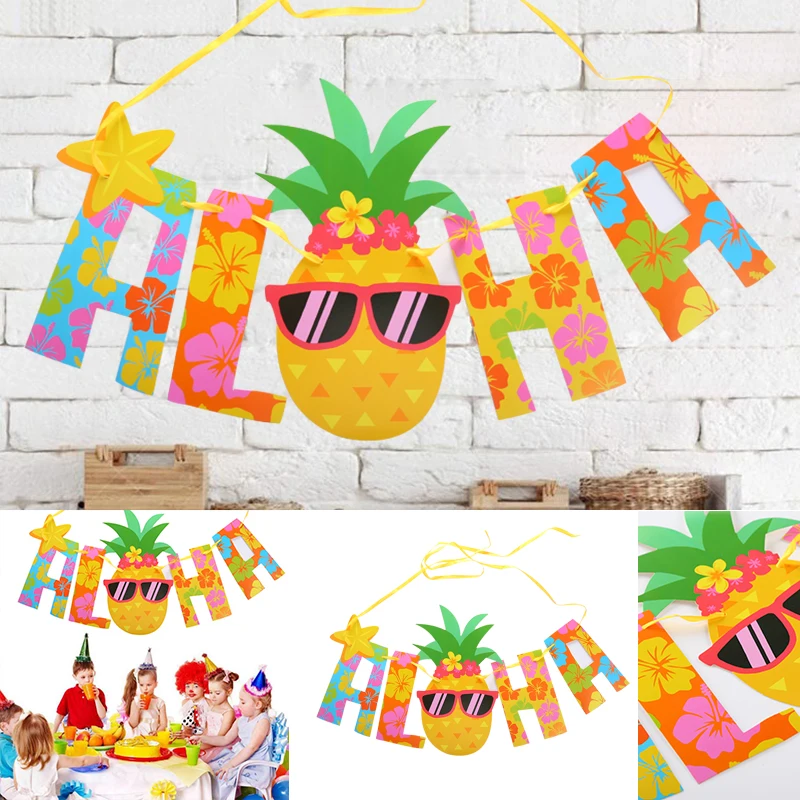Home Decor Pineapple Decor Hawaii Pennant Hanging Banners Gold Birthday Gift Glitter Festival Stickers Letter Colorful Tropical
