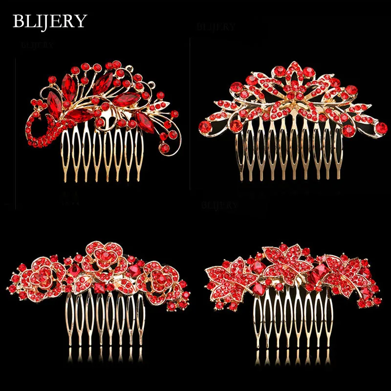 

BLIJERY Gold Color Crystal Wedding Hair Combs Red Rhinestone Floral Bridal Hair Accessories Party Show Tiaras Women Hair Jewelry