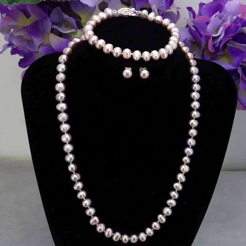 Фиолетовое жемчужное ожерелье 7-8 мм ожерелье 1" браслет 7,5" серьги DIY женская одежда ювелирные изделия