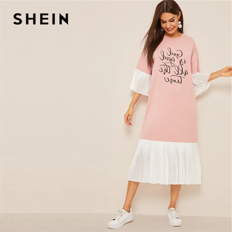 SHEIN летнее платье-хиджаб со слоганом и плиссировкой, женское повседневное свободное платье миди с рукавами-воланами, розовое длинное платье с коротким рукавом