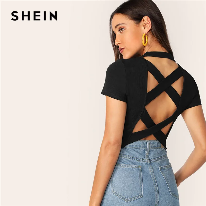 SHEIN Короткий Топ С Перекрещенной Спинкой Женский Летний Черный Топ С Коротким Рукавом