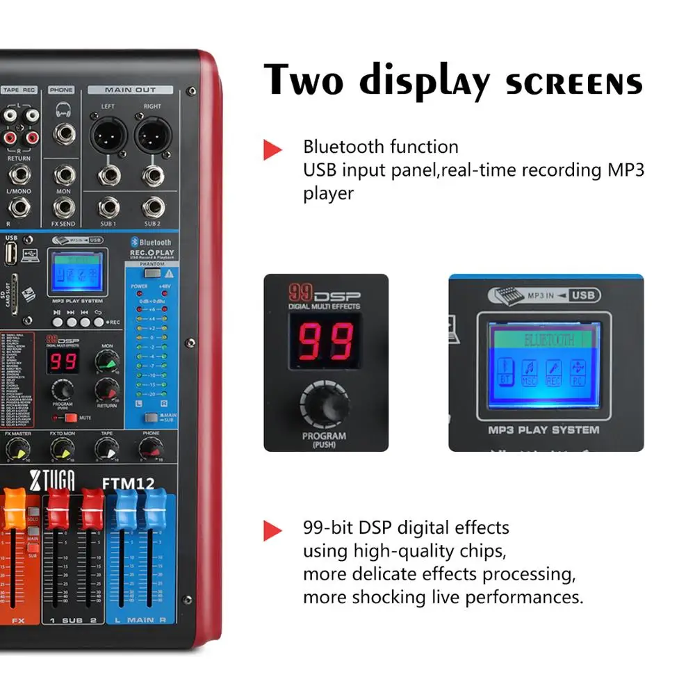 XTUGA FTM12 канала профессиональный звуковой микшер звука встроенный 99-bit DSP цифровой эффект с записываемый функция MP3 Распознавание отпечатков пальцев, Bluetooth, USB