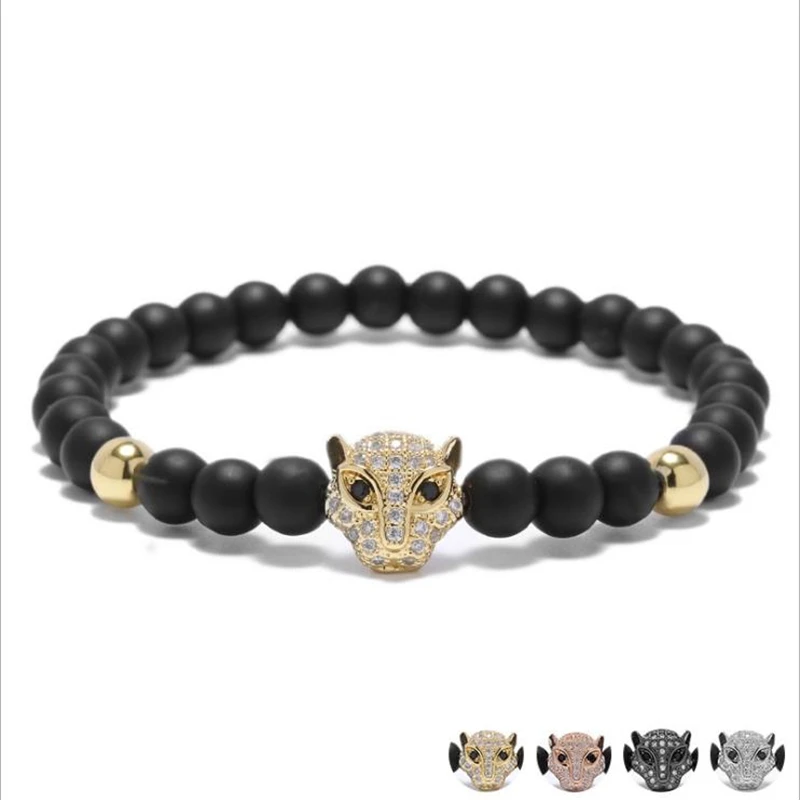 Sleek minimalist 6mm matte black stone beaded bracelet micro inlaid zircon leopard head | Украшения и аксессуары