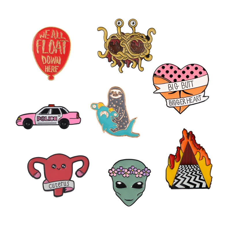 

Enamel Pin Collection Butt Heart Sloth Balloon Artist Car Alien Cuterus Twin Peaks Pastafarianism Brooch Badge Brooches and Pins