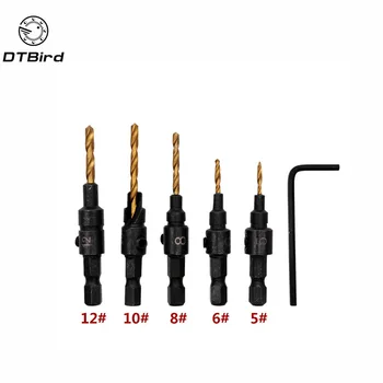 

5pcs Countersink Drill Woodworking Drill Bit Set Drilling Pilot Holes For Screw Sizes #5 #6 #8 #10 #12 DT7