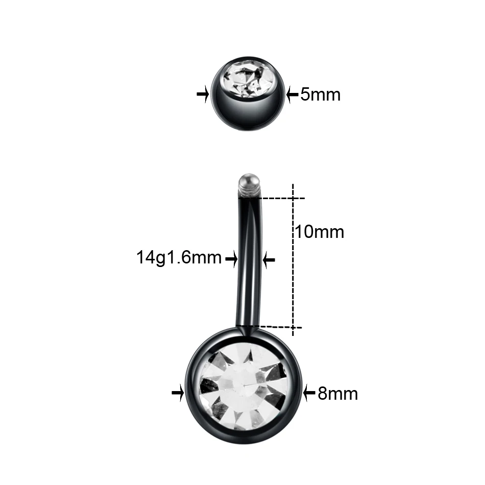1 шт для пирсинга пупка Хирургическая Сталь один камень с украшением в виде кристаллов Стразы пупка Кольца пирсинг пупка Ombligo 5/8 мм шар Nombril - Окраска металла: Black
