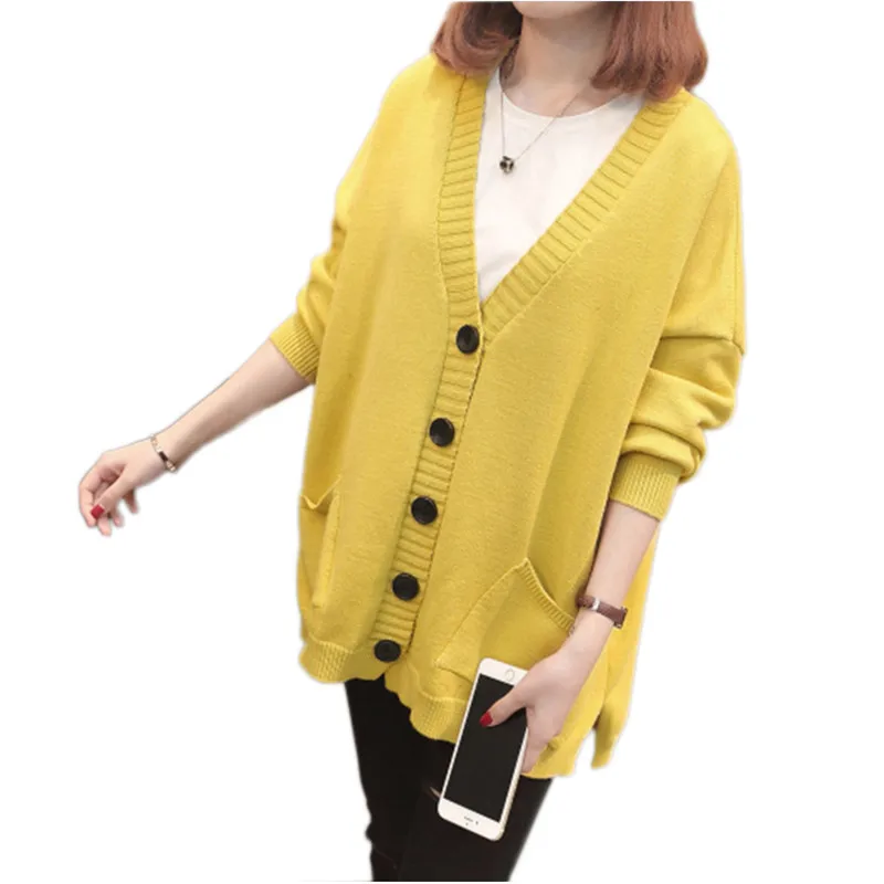 

2019 Spring New Cardigan Woman V-Neck Mid-Long Loose Fashion Elegant Sweater Autumn Large Size Casual Knitwear Coat Female Vs538