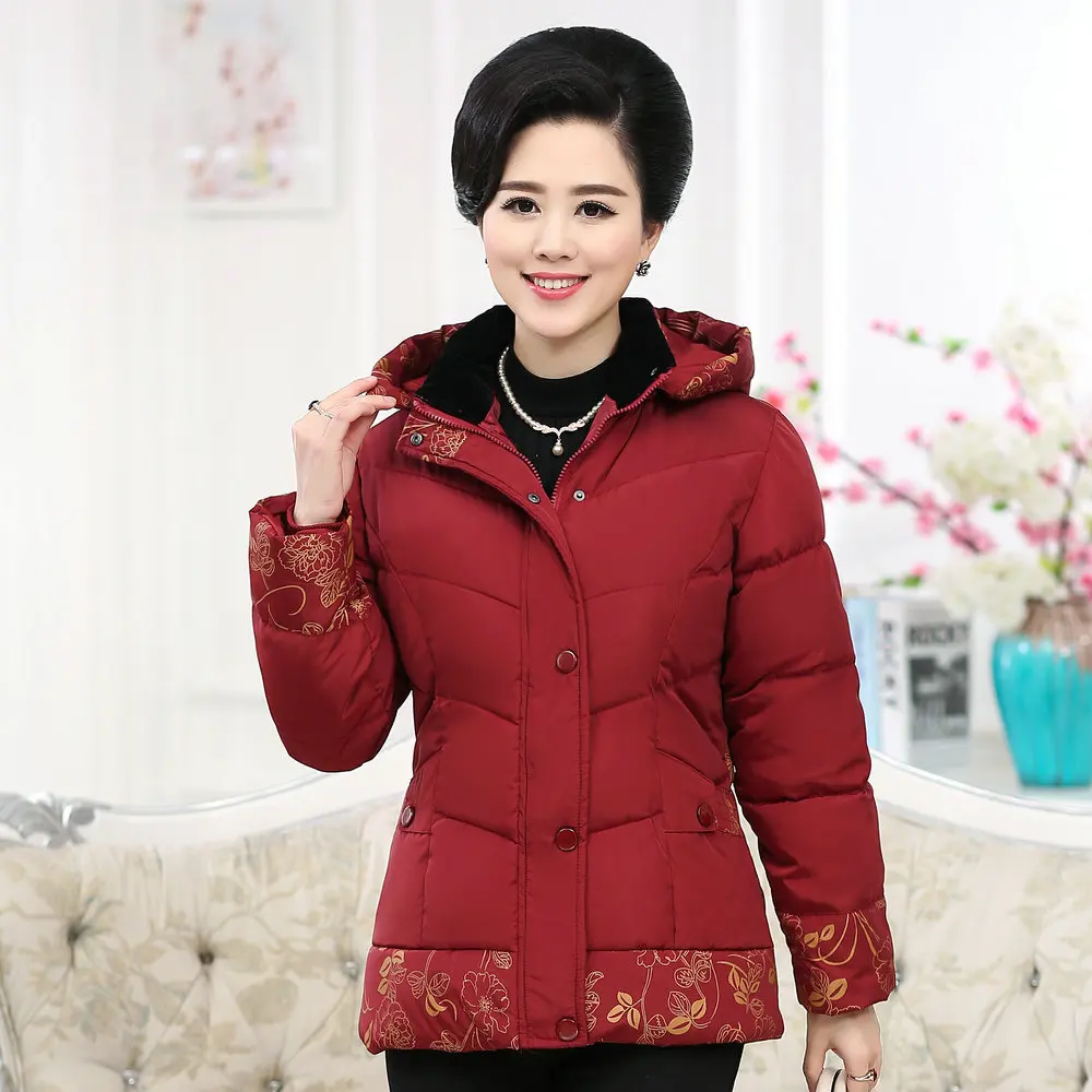Middle Aged Women Winter Hooded Parkas Red Green Purple Flower Quilted Basic Coat Female Puffer Hood Jacket Mother Outerwear 4XL