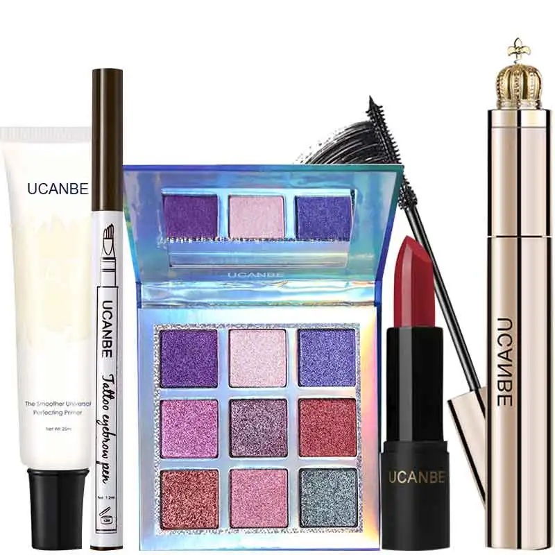 

5pcs/lot UCANBE Brand 9 Colors Eyeshadow Makeup Sets Face Primer Lipstick Pro Waterproof Mascara and Chestnut Eyebrow Pencil