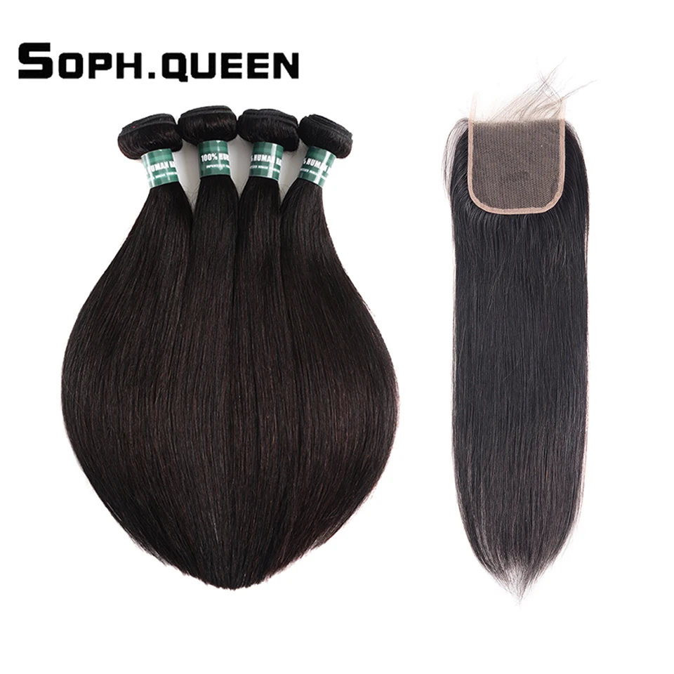 Соф королева волосы, индийские волосы прямые волосы пучки с закрытием 100% Remy человеческие волосы пучки с закрытием 4*4 натуральный цвет