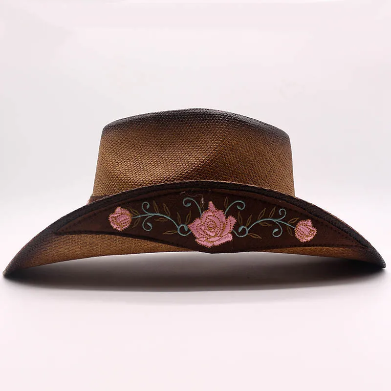 QDKPOTC Высокое качество модная Женская ковбойская шляпа соломенная фиксированная форма Западный котелок Цветочная вышивка ковбойские шляпы