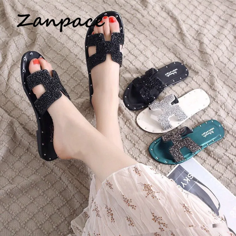 

Zanpace Spring Women Slippers 2019 Bling H Slip on Word Women Flip Flops Non-slip Literal Slides Outdoor Beach Shoes Women