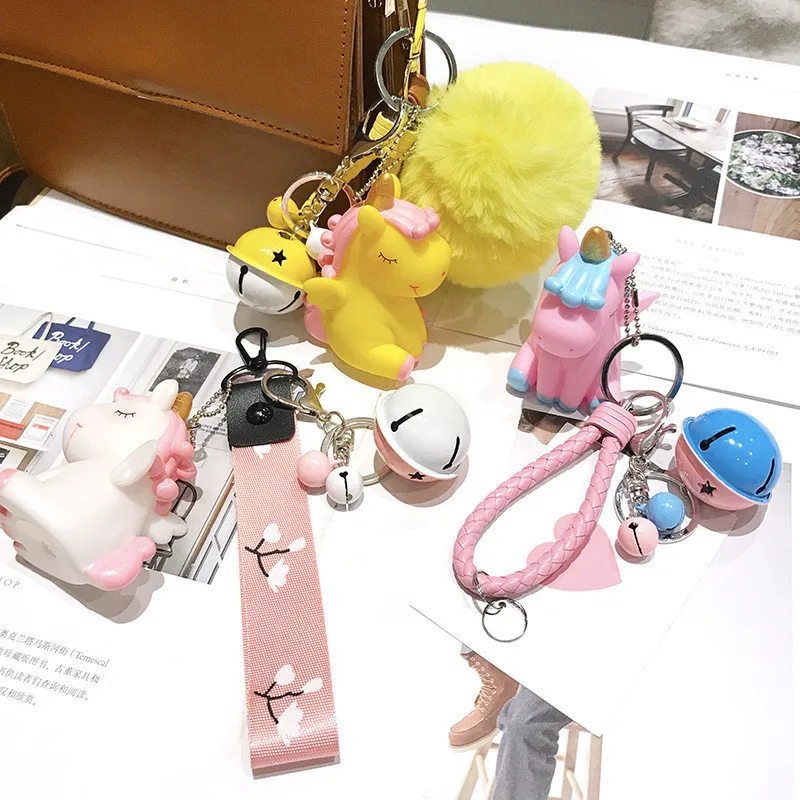 

Unicorn Pompom Keychain Animal Keychains for Women Bag Charm Trinket Car Bag Bell Key Ring Cute anime Pompons Key ring Pendant