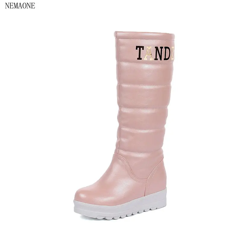 

NEMAONE black Winter Shoes Round Toe Women knee Boots Casual Height Increasing High Heel Women Snow Boots Size 34-43