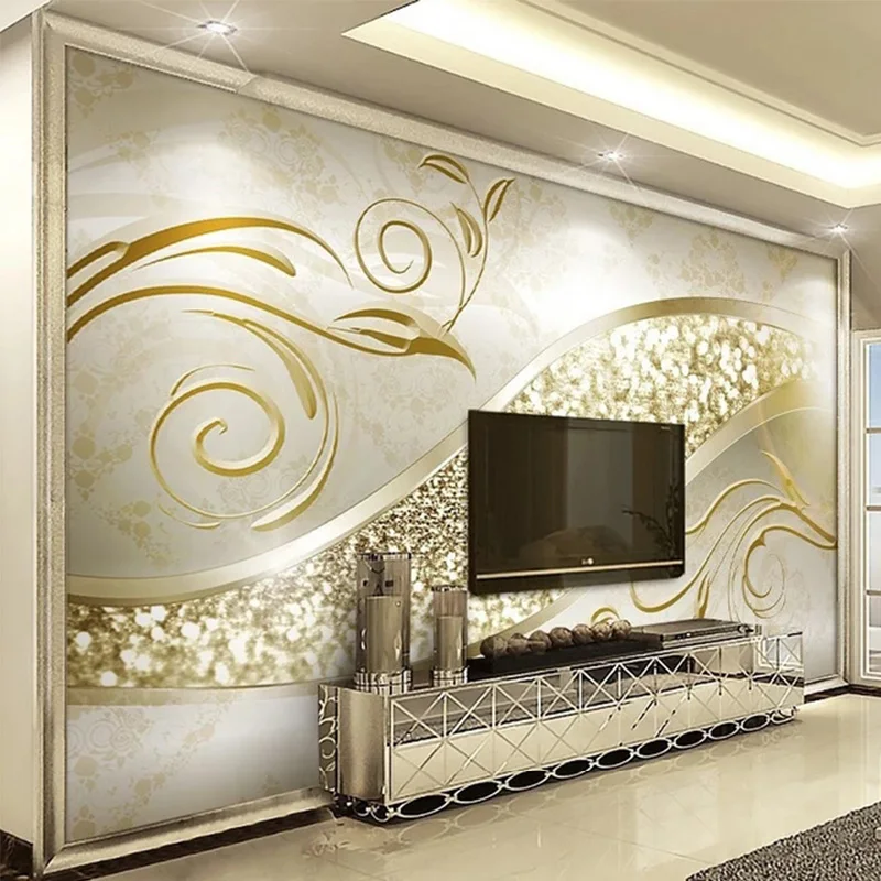 

Custom 3D Fabric Textile Wallcoverings For Walls Matt Silk For Living Room TV Background Murals Flower European Golden Abstract