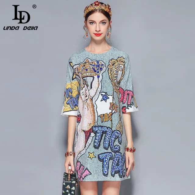 LD LINDA DELLA 2021 New Fashion Runway Summer Dress Women's Retro Half Sleeve Gorgeous Diamonds Letter Printed Vintage Dress 1