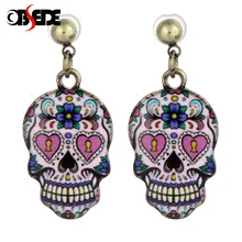 OBSEDE, женские серьги-гвоздики с черепом, 1 пара, трендовые стильные серьги-гвоздики для девочек, серьги-гвоздики с цветком в виде сахарного черепа, модные Эмалевые Серьги