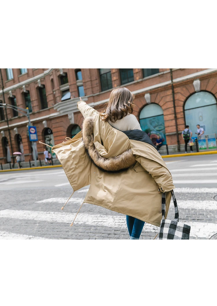 Зимняя мода Настоящее меховым воротником хлопчатобумажное пальто женские с капюшоном тонкий парки Пальто утепленная теплая куртка