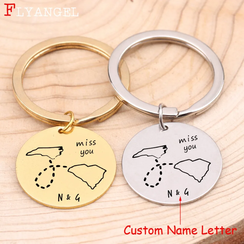 

Custom 2 Name Letter Jewelry Engraved State Country Long Distance Keychain Jewelry For Friends Couples Gift Stainless Keyring