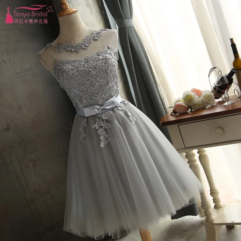 

Gray Tulle Homecoming Dresses Short A Line Lace Applique Illusion special occasion dresses Cheap Graduation Gown In Stock DQG305