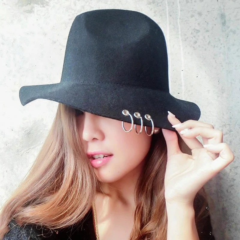 

Women Spring Fashion Vintage Jazz Hats With Iron Rings Street Model Style Wool Formal Hat Female Cute Wool Hat Fedoras