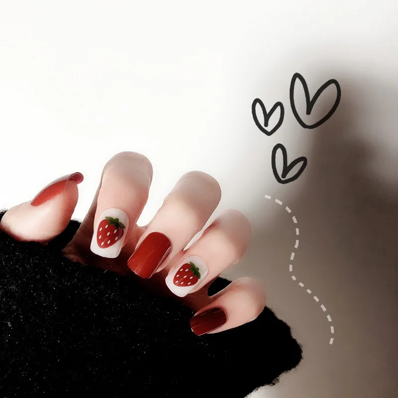 

New Nails with Cute Carton Designs Short Kawaii Nail False Tips Hot 24 Pcs Strawberry Designs False Nail Tips Presses on False