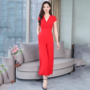 

Jumpsuit Women Red Black Navy Blue M-3XL Plus Size Wide Leg Pants 2019 New Summer Korean Fashion Sexy V Neck Slim Rompers LR232