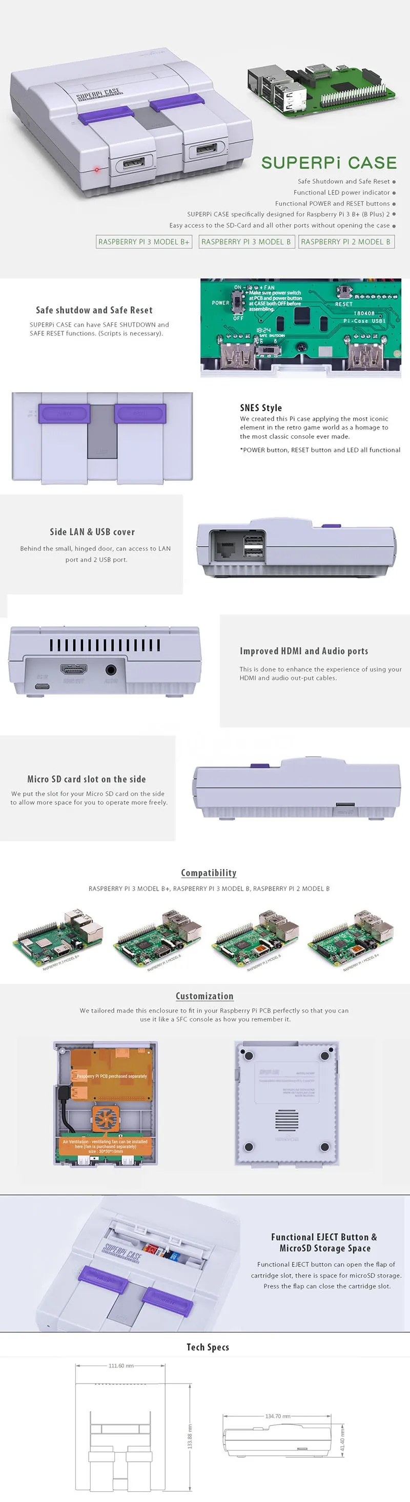 Retroflag SUPERPi чехол NESPi консоль U чехол с USB контроллер геймпад+ радиаторы+ Вентилятор Комплект для Raspberry Pi 3 Model B+(плюс), 3B