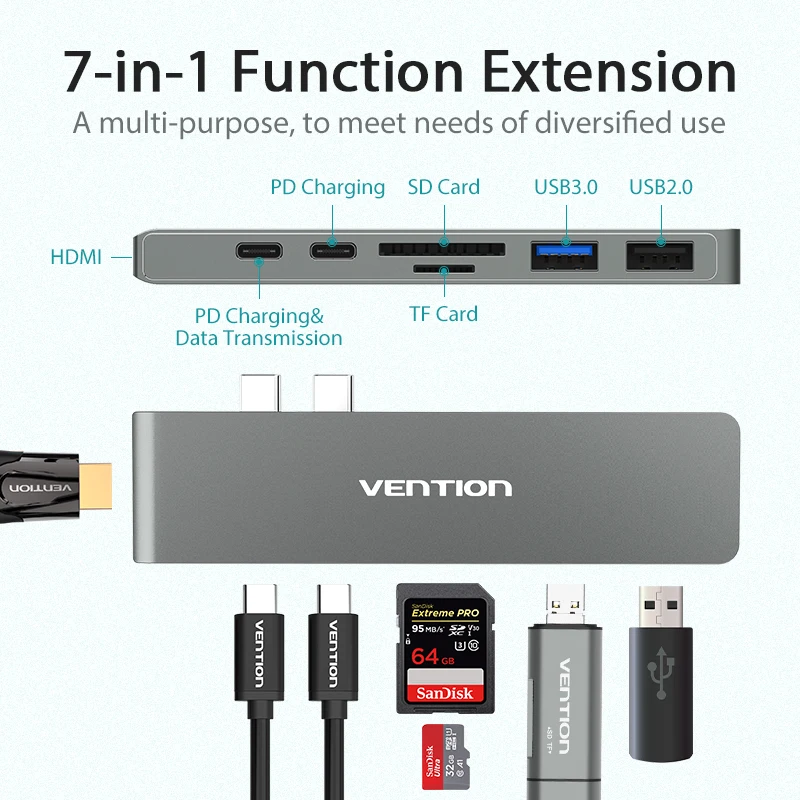 Vention USB C концентратор с двумя портами Type к HDMI 4K 3 0 SD/TF PD Thunderbolt адаптер для MacBook Pro Air