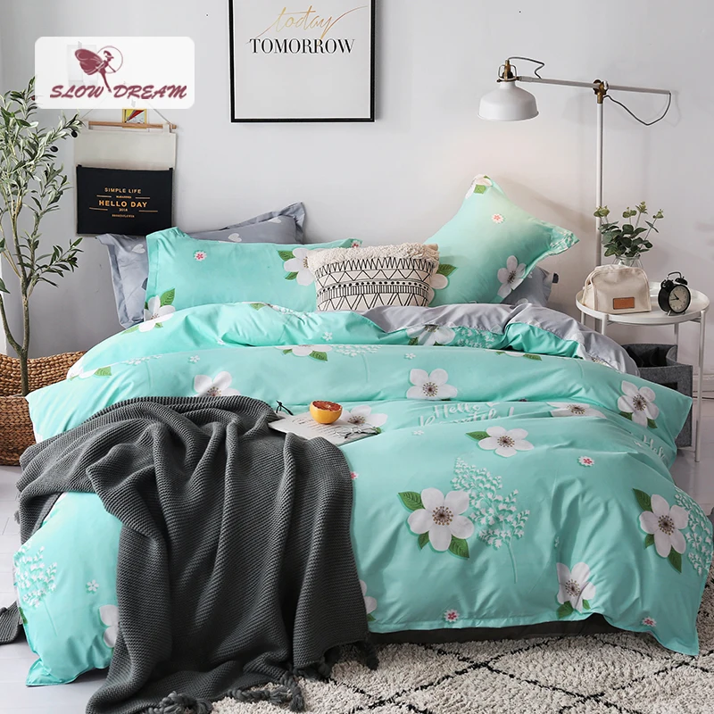 

SlowDream Green Bedding Set Flowers Bedspread Duvet Cover Set Bed Linen Polyester Double Queen King Size For Adult Child Gift