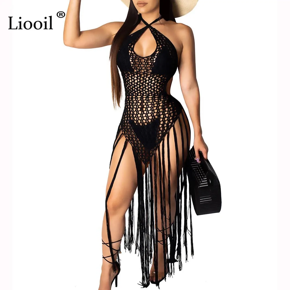 

Liooil Backless Tassel Sexy Maxi Dress Women Clothes 2019 Hollow Out Mesh Club Dress Lace-Up Black White Party Long Dresses