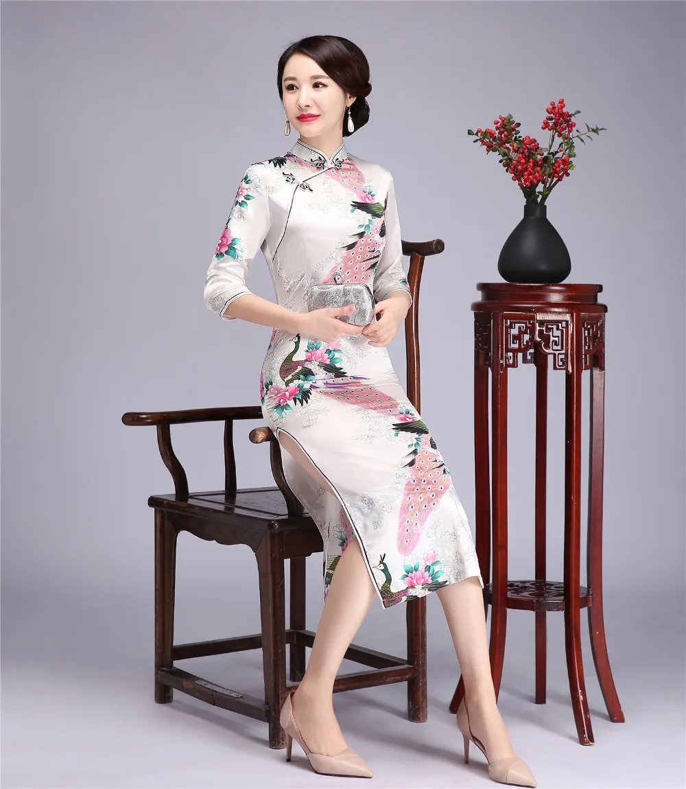 Шанхай история 3/4 рукав Павлин Qipao длинное платье Чонсам Павлин китайское традиционное платья для женщин для 8 цветов