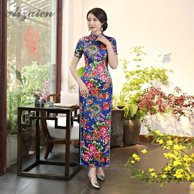 Azul imprimir Qipao las mujeres vestido chino Традиционный китайский винтажный Qi Pao bata estilo Восточный vestidos vestido largo