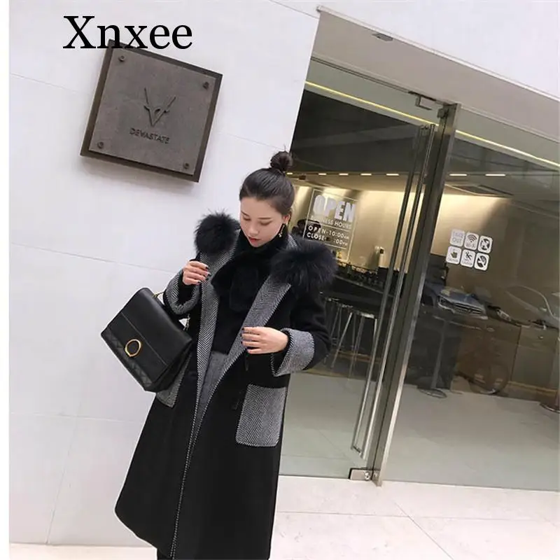 

Xnxee 4xl 5xl Plus Size New Arrival Korean Style Female Patchwork Black Wool Coat Fur Collar Woman Coats Winter 2019