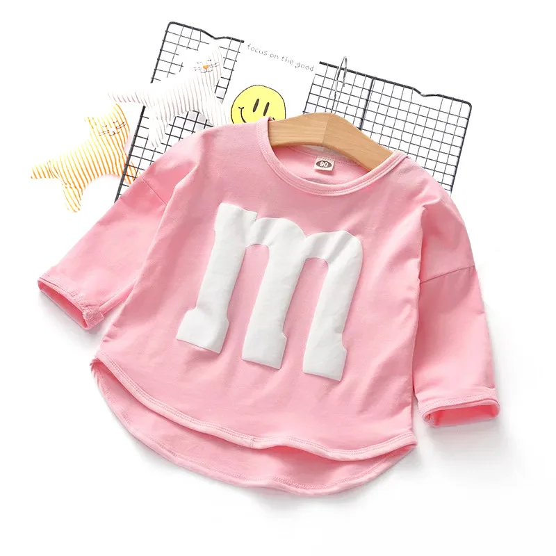 Cotton Baby Girl T-shirt Long Sleeved Spring Autumn Cartoon Letters M Kids Tops Boys Clothes Toddlers Tees 5