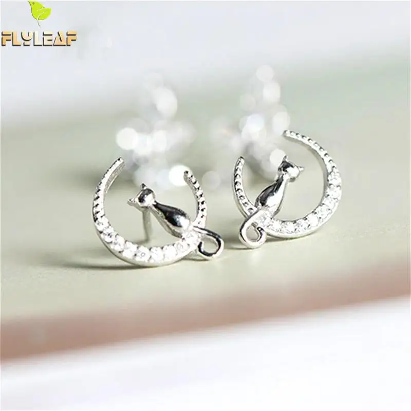 

Flyleaf Authentic 100% 925 Sterling Silver Moon Mosaic Cubic Zirconia Cat Open Earrings For Women Earings Fashion Jewelry 2018