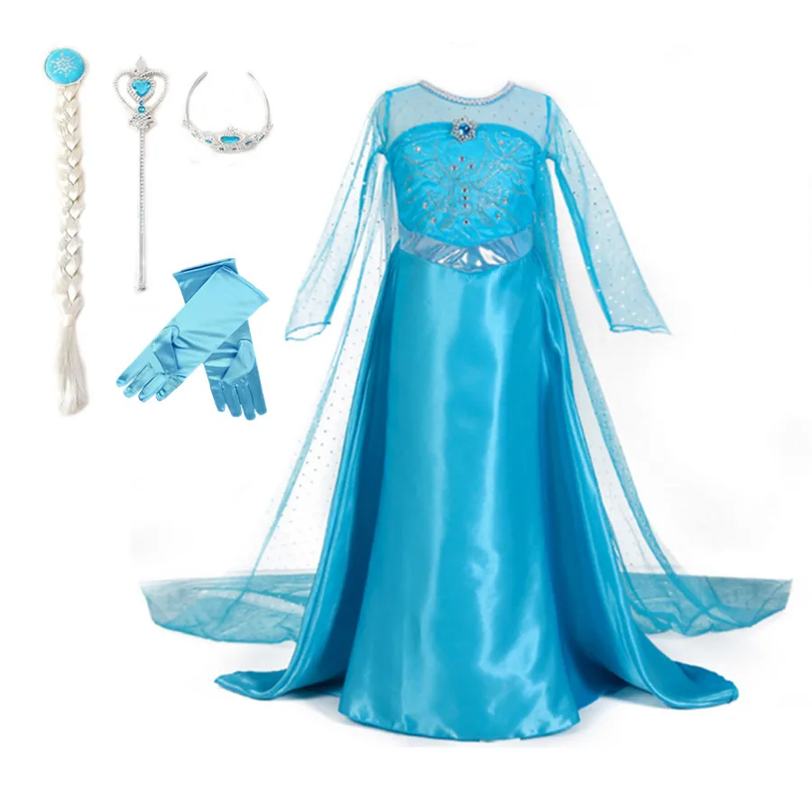 От 3 до 10 лет костюм для девочек праздничное платье принцессы Эльзы с короной, палочка, перчатка, тесьма, косплей на Хэллоуин, Рождество, одежда для маленьких девочек