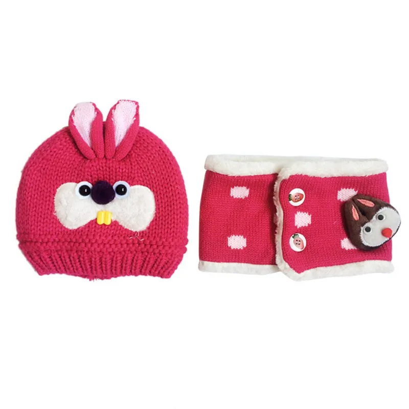 Kids Hat For Girls Boys Winter Warm Baby Accessories Set Cartoon Beanie Caps+Scarfs Baby Cap Suits - Цвет: Красный