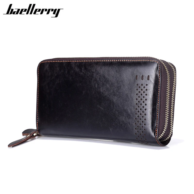 

Luxury Designer Genuine Leather Men Wallets Casual Hollow Out Double Zipper Wallet Male Dollar Price Card Holder Cell Phone Bag