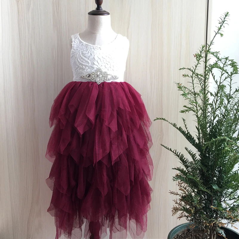 Xmas Девочки пачка длинное платье принцессы бордового цвета Кружевное платье макси ребенка малыша первые платье для рождественской вечеринки