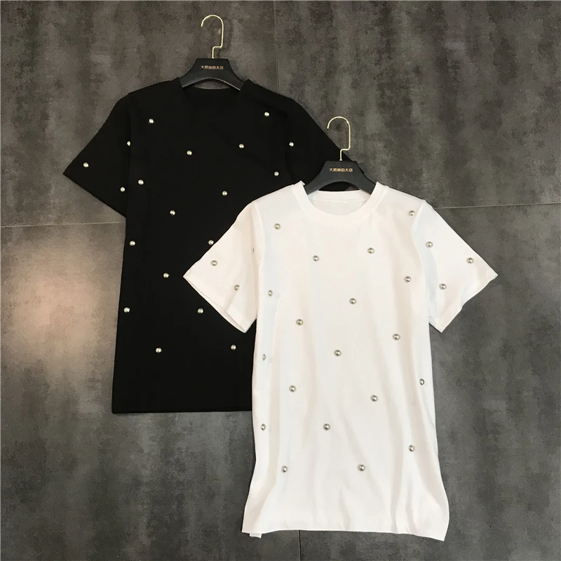

2019 Spring Summer T Shirt Short Sleeve New Handmade Metal Rivets Solid Color Simple Round Neck Women T-shirt