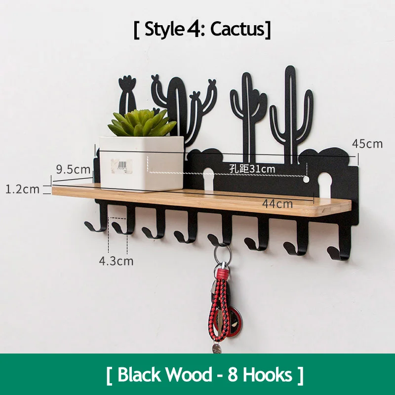 Настенная стойка для пальто, дырокол-плавающий стеллаж, деревянные настенные полки для хранения с крючками для спальни, гостиной, ванной комнаты, офиса - Цвет: Cactus-Black