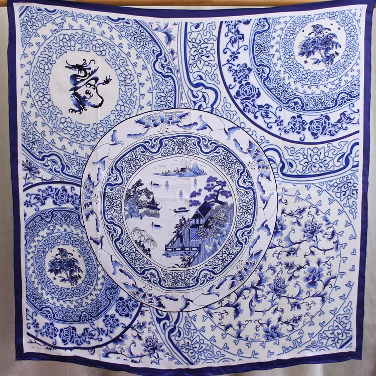 

Pure Silk Scarf Women Blue and white Porcelain 90*90CM Laides Square Bandana Sunscreen Shawls Wraps
