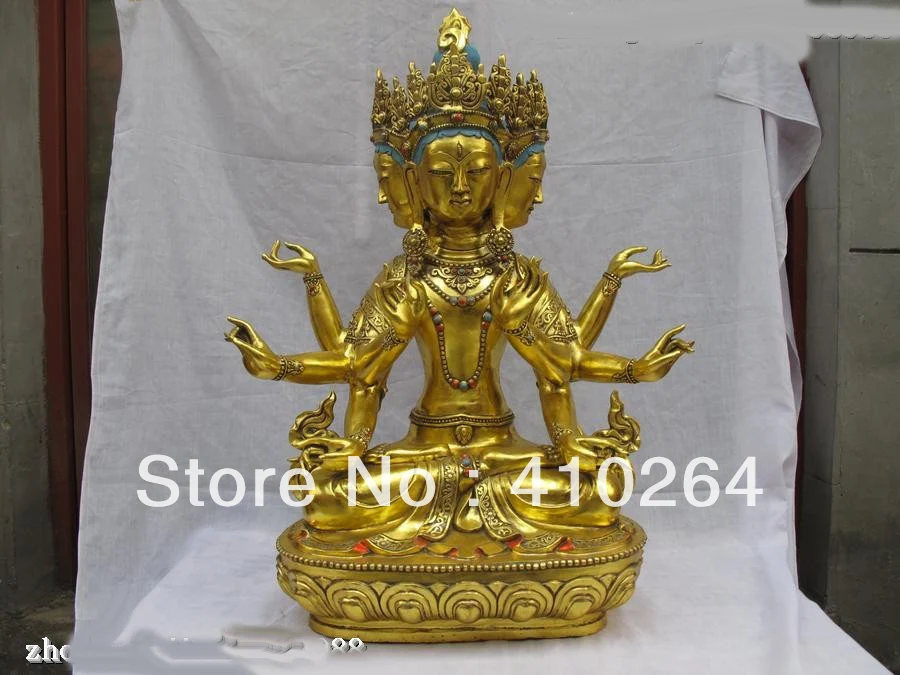 

32"Huge Tibet Bronze Gilt Four Face Head Eight Arm Hands Kwan-yin Buddha Statue