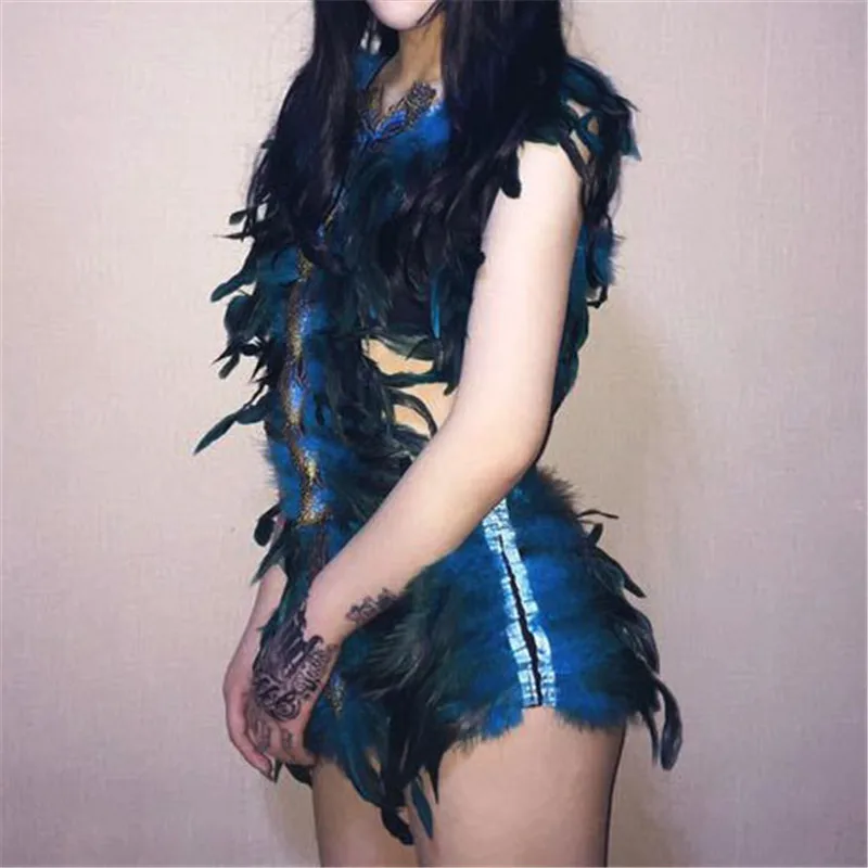 رقيق فو الطاووس الريش Playsuits المرأة مثير الجوف خارج داخلية الأزياء المرحلة الأداء زي حللا حزب Clubwear